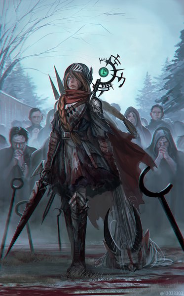 Anime picture 691x1110 with original arizuka (13033303) tall image brown hair signed braid (braids) horn (horns) twin braids torn clothes scar solo focus walking blood on face bloody clothes blood stains bloody weapon praying severed head weapon plant (plants)