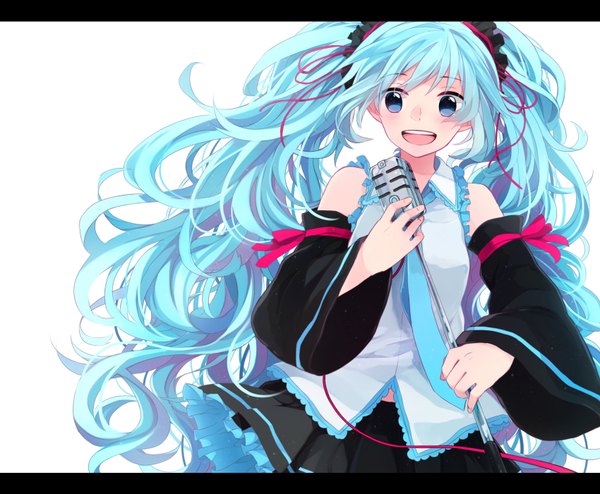 Anime picture 1700x1400 with vocaloid hatsune miku hoshiyui tsukino (artist) single looking at viewer blush open mouth blue eyes simple background white background twintails very long hair aqua hair wavy hair girl detached sleeves headdress microphone stand