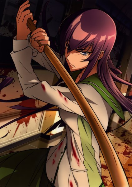 Anime picture 2100x2970 with highschool of the dead madhouse busujima saeko single long hair tall image highres blue eyes purple hair girl weapon serafuku blood