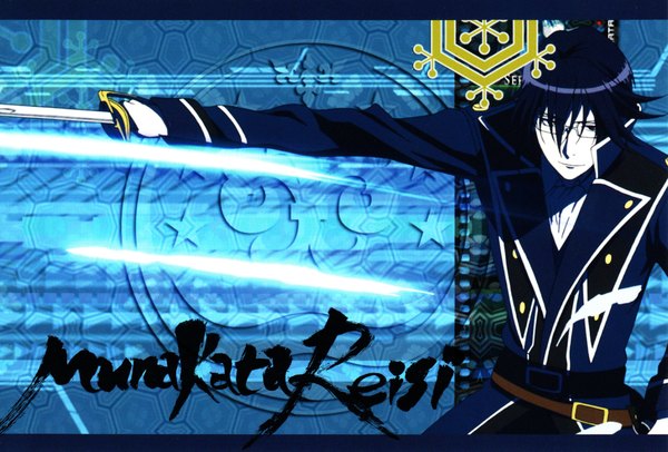 Anime picture 2048x1387 with k-project gohands (studio) munakata reishi single looking at viewer highres short hair blue hair light smile black eyes inscription boy uniform weapon sword glasses belt military uniform