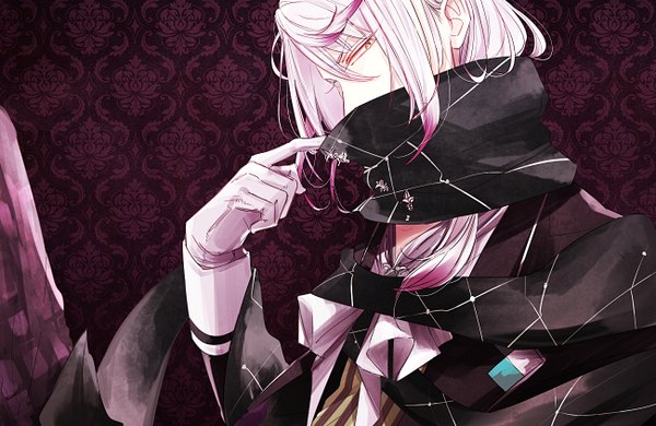 Anime picture 1300x846 with diabolik lovers idea factory tsukinami carla single long hair looking at viewer sitting yellow eyes white hair multicolored hair two-tone hair vampire boy gloves
