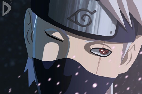 Anime picture 1024x678 with naruto studio pierrot naruto (series) hatake kakashi the-phoeniix (artist) single short hair red eyes white hair one eye closed wink coloring scar close-up face sharingan boy mask bandana