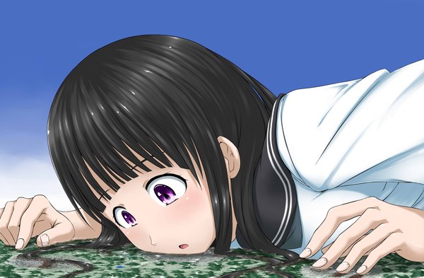 Anime picture 4420x2900 with hyouka kyoto animation chitanda eru terada ochiko long hair highres black hair purple eyes absurdres city destruction giant girl serafuku