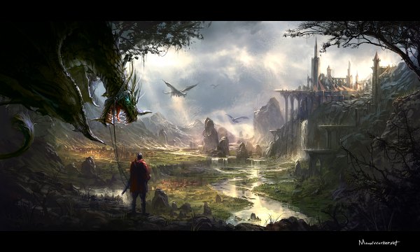 Anime picture 1200x720 with moonworker1 wide image from behind back city light mountain flying landscape fantasy river rock waterfall panorama boy animal tree (trees) water cloak forest