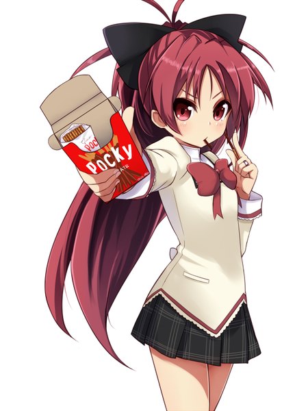 Anime picture 1200x1600 with mahou shoujo madoka magica shaft (studio) sakura kyouko amano kouki single long hair tall image looking at viewer simple background red eyes white background holding red hair mouth hold pocky day girl skirt uniform bow hair bow