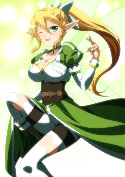 Anime picture 1280x1810 with sword art online a-1 pictures leafa ka2 (artist) single long hair tall image blush breasts open mouth light erotic blonde hair large breasts green eyes ponytail braid (braids) one eye closed wink pointy ears girl