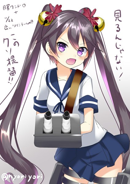 Anime picture 706x1000 with kantai collection akebono destroyer nyori single tall image looking at viewer blush open mouth simple background purple eyes twintails signed purple hair inscription teeth fang (fangs) gradient background alternate hairstyle girl uniform