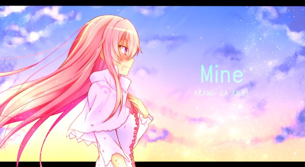 Anime picture 1400x768 with akame ga kill! white fox mine (akame ga kill!) chihiro (khorosho) single long hair blush fringe smile wide image standing looking away pink hair sky cloud (clouds) outdoors profile pink eyes wind short sleeves
