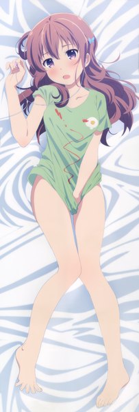 Anime picture 2353x6939 with girlish number karasuma chitose (giarlish number) single long hair tall image looking at viewer blush highres open mouth light erotic brown hair purple eyes bare legs dakimakura (medium) girl t-shirt