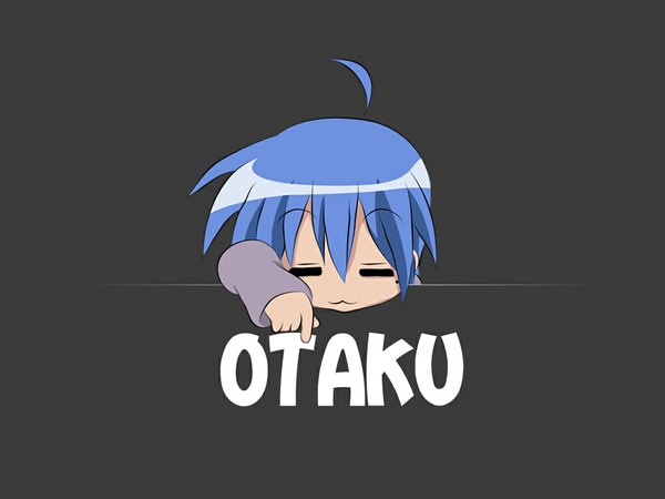 Anime picture 1024x768 with lucky star kyoto animation izumi konata single fringe short hair simple background blue hair ahoge eyes closed text face english :3 girl hand