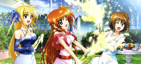 Anime picture 8922x4072 with mahou shoujo lyrical nanoha mahou shoujo lyrical nanoha strikers fate testarossa takamachi nanoha yagami hayate long hair highres short hair open mouth blue eyes blonde hair red eyes brown hair wide image multiple girls absurdres one eye closed wink orange hair girl