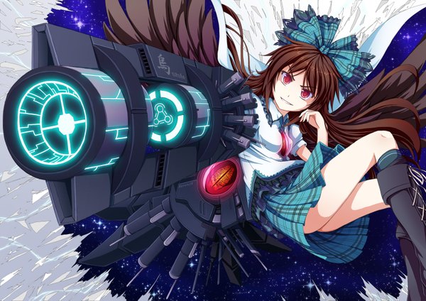 Anime picture 1500x1061 with touhou reiuji utsuho tri (pixiv) single long hair red eyes brown hair grin starry sky print arm cannon girl skirt bow weapon hair bow miniskirt wings gun green skirt