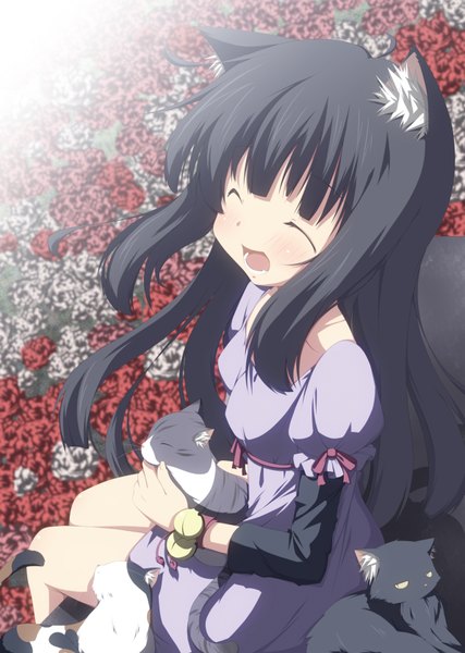 Anime picture 1190x1670 with original yuzuki kei long hair tall image open mouth black hair animal ears eyes closed cat ears loli ^ ^ ^o^ girl animal bell cat