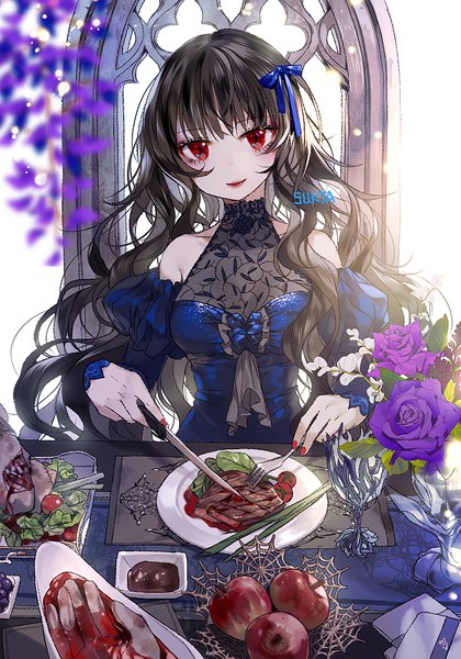 Anime picture 700x1000 with original sorolp single long hair tall image looking at viewer fringe black hair smile red eyes bare shoulders signed upper body nail polish head tilt blurry puffy sleeves lipstick wavy hair red lipstick