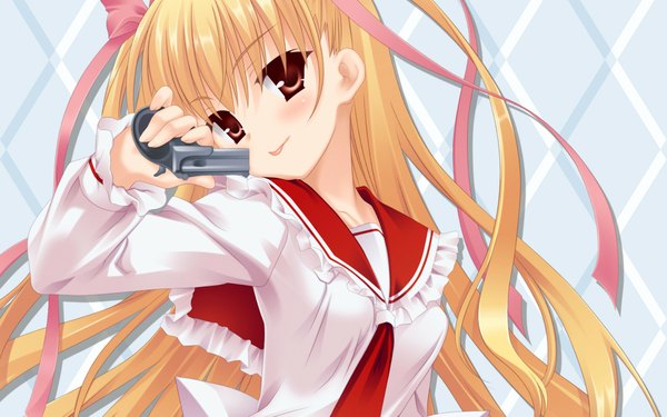 Anime picture 1920x1200 with hidan no aria mine riko single long hair highres blonde hair red eyes wide image girl weapon serafuku tongue gun