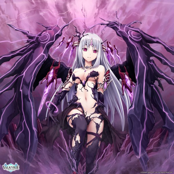 Anime picture 2048x2048 with shinkai no valkyrie chaos (shinkai no valkyrie) akkijin single long hair looking at viewer fringe highres light erotic standing bare shoulders sky silver hair cloud (clouds) bent knee (knees) pink eyes bare belly from below leg lift (legs lift) demon wings