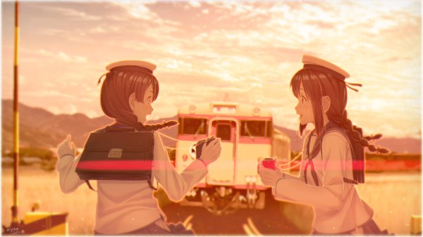 Anime picture 5143x2893 with kantai collection isonami destroyer uranami destroyer key kun long hair highres brown hair wide image multiple girls holding signed payot absurdres braid (braids) long sleeves twin braids single braid dated evening sunset