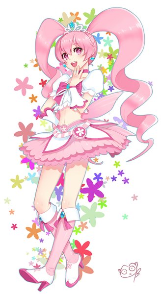 Anime picture 600x1097 with six hearts princess pink princess hani haruka briska single long hair tall image looking at viewer blush open mouth simple background white background twintails signed pink hair pink eyes hand on hip drill hair girl skirt