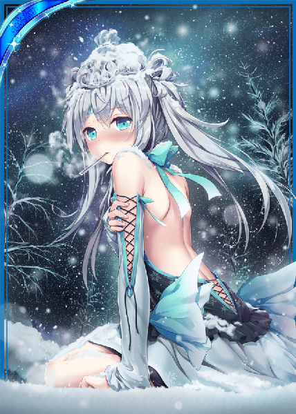 Anime picture 640x896 with shinkai no valkyrie boreas (shinkai no valkyrie) akkijin single long hair tall image looking at viewer blush fringe light erotic hair between eyes sitting bare shoulders holding silver hair aqua eyes night arm support night sky mouth hold