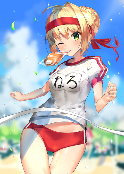 Anime picture 777x1087 with fate (series) fate/grand order nero claudius (fate) (all) nero claudius (fate) akamizuki (akmzk) single tall image looking at viewer short hair light erotic blonde hair smile holding green eyes ahoge one eye closed wink sparkle depth of field puffy sleeves
