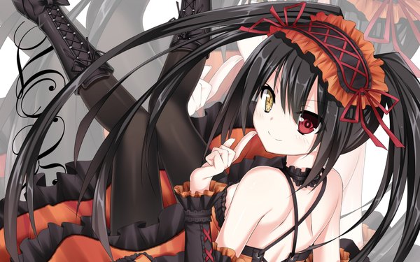 Anime picture 1920x1200 with date a live tokisaki kurumi long er (dragonxo) single long hair looking at viewer blush highres black hair smile twintails heterochromia girl dress pantyhose boots frills lolita hairband