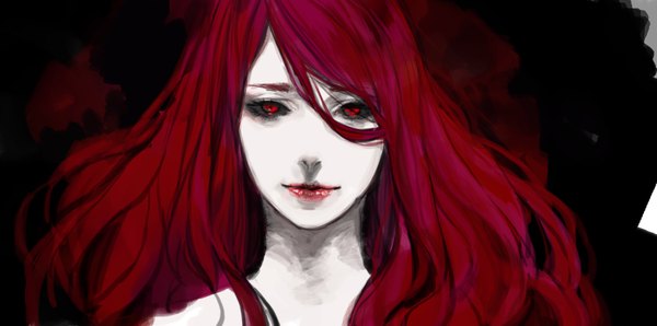 Anime picture 2009x1000 with tokyo ghoul studio pierrot kamishiro rize npn single long hair looking at viewer fringe highres red eyes wide image red hair lips dark background close-up black sclera girl
