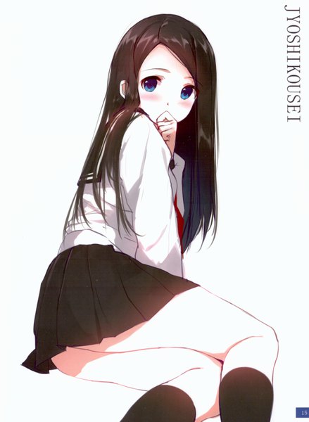 Anime picture 4834x6601 with original caidychen single long hair tall image looking at viewer blush highres blue eyes light erotic black hair simple background white background absurdres bent knee (knees) long sleeves pleated skirt looking back from behind scan