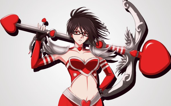Anime picture 1917x1200 with league of legends vayne (league of legends) seiryu zaiten single looking at viewer highres short hair black hair simple background red eyes grey background valentine girl gloves weapon glasses crossbow