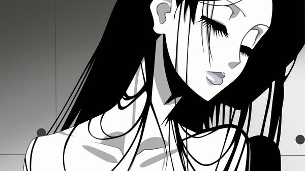 Anime picture 3002x1688 with sayonara zetsubou sensei shaft (studio) kitsu chiri single long hair highres black hair wide image bare shoulders eyes closed monochrome pale skin vector screenshot girl