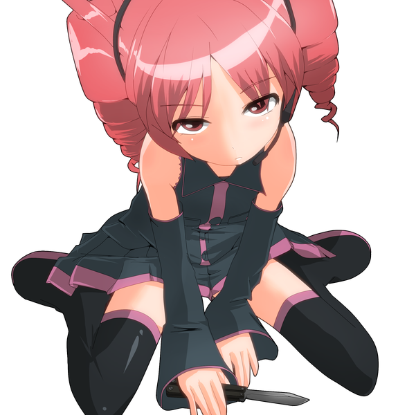 Anime picture 2000x2089 with utau kasane teto hangaku single tall image looking at viewer highres short hair red eyes red hair drill hair transparent background girl thighhighs black thighhighs detached sleeves headphones knife