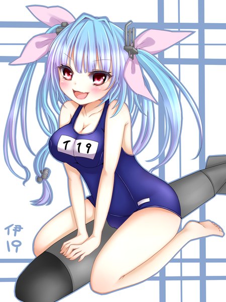 Anime picture 1050x1400 with kantai collection i-19 submarine buchi no neko single long hair tall image looking at viewer blush breasts open mouth light erotic smile red eyes blue hair girl bow swimsuit hair bow one-piece swimsuit school swimsuit