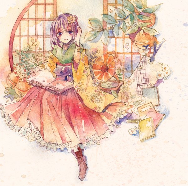 Anime picture 1750x1729 with touhou hieda no akyuu shiratsuyu single looking at viewer highres short hair sitting purple eyes purple hair traditional clothes hand on head traditional media watercolor (medium) girl hair ornament plant (plants) book (books) bell jingle bell