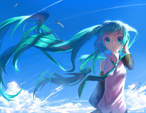 Anime picture 1200x933 with vocaloid hatsune miku yuket single long hair looking at viewer fringe twintails bare shoulders payot sky cloud (clouds) aqua eyes sunlight aqua hair wide sleeves hand on head flying girl detached sleeves