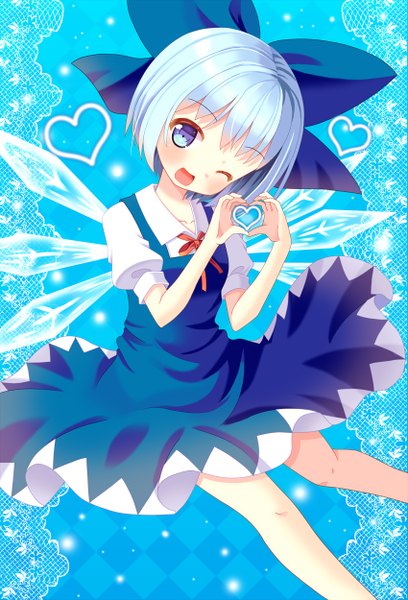 Anime picture 850x1250 with touhou cirno hazakura satsuki single tall image looking at viewer blush short hair open mouth blue eyes blue hair one eye closed wink blue background girl dress bow hair bow wings