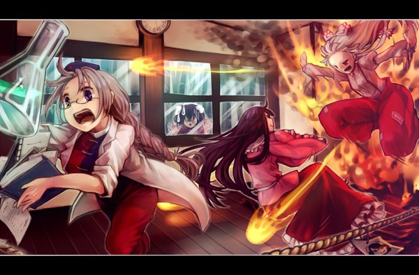 Anime picture 1366x900 with touhou fujiwara no mokou houraisan kaguya inaba tewi yagokoro eirin long hair short hair open mouth black hair smile red eyes multiple girls outdoors long sleeves grey hair sunlight smoke fighting stance twisty sleeves running