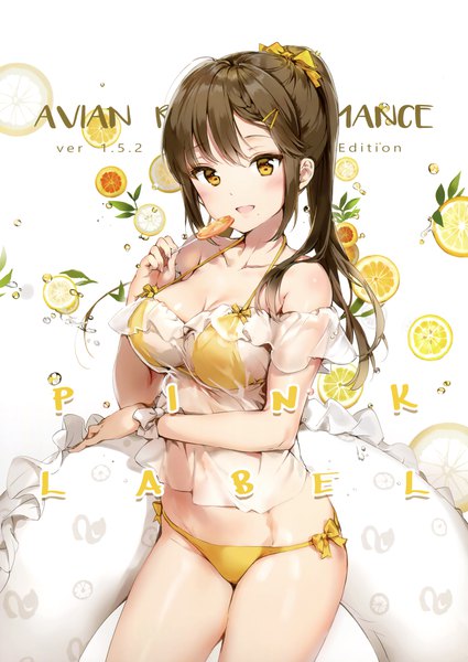 Anime picture 2774x3914 with original anmi single long hair tall image looking at viewer blush fringe highres breasts open mouth light erotic smile brown hair large breasts standing white background bare shoulders holding yellow eyes