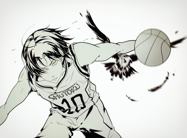 Anime picture 1700x1250 with kuroko no basket production i.g takao kazunari kurasaki ken single short hair simple background yellow eyes monochrome spread arms basketball boy uniform animal bird (birds) feather (feathers) gym uniform ball basketball ball basketball uniform