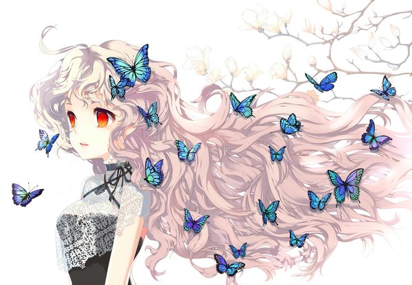 Anime picture 1024x711 with original mintchoco (orange shabette) single long hair fringe simple background smile red eyes yellow eyes looking away pink hair lips lipstick wavy hair multicolored eyes girl flower (flowers) ribbon (ribbons) plant (plants) tree (trees)