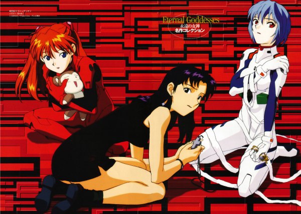 Anime picture 2438x1740 with neon genesis evangelion gainax soryu asuka langley ayanami rei katsuragi misato highres red background