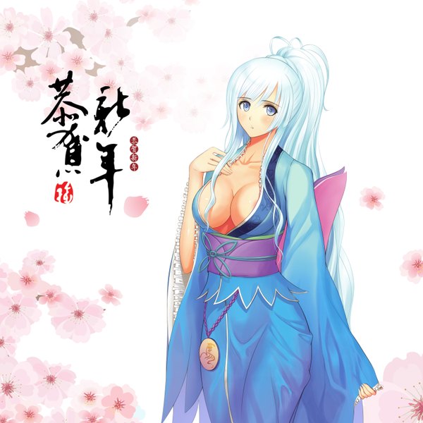 Anime picture 3000x3000 with original ltt challenger single long hair looking at viewer blush highres breasts blue eyes light erotic white background white hair ponytail traditional clothes japanese clothes girl flower (flowers) petals kimono obi