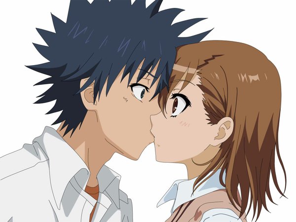 Anime picture 1000x750 with to aru kagaku no railgun to aru majutsu no index j.c. staff misaka mikoto kamijou touma fursen blush fringe short hair blue eyes black hair brown hair white background brown eyes open clothes kiss surprised spiked hair girl boy