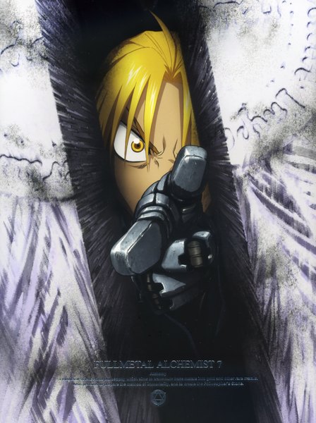 Anime picture 3300x4419 with fullmetal alchemist studio bones edward elric tall image looking at viewer highres short hair blonde hair yellow eyes absurdres scan inscription mechanical parts boy hand