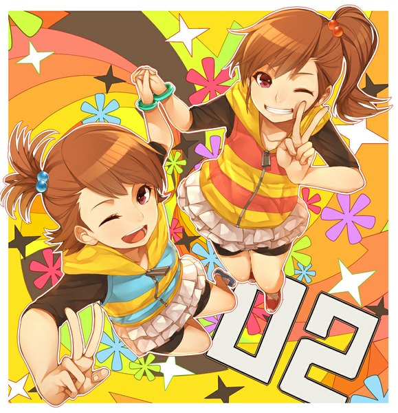 Anime picture 1000x1036 with idolmaster futami mami futami ami hitoto long hair tall image short hair open mouth smile brown hair multiple girls one eye closed pink eyes wink side ponytail holding hands border victory siblings twins