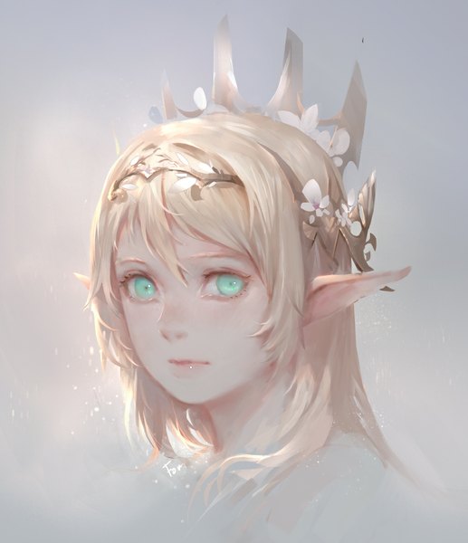 Anime picture 922x1070 with original fom (lifotai) single tall image looking at viewer simple background green eyes signed hair flower pointy ears realistic grey background portrait girl hair ornament flower (flowers) crown