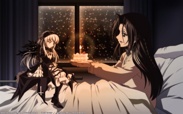 Anime picture 2560x1600 with rozen maiden suigintou kakizaki megu kasugai hiroyuki deto15 (chris lejman) long hair highres black hair wide image multiple girls signed indoors braid (braids) copyright name character names light third-party edit girl 2 girls food