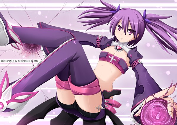 Anime picture 1600x1131 with elsword aisha landar kazenokaze single twintails purple eyes purple hair short twintails girl thighhighs bow hair bow detached sleeves shorts