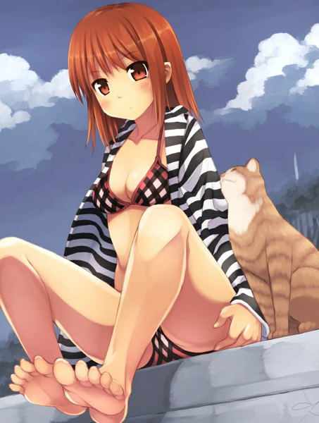 Anime picture 755x1000 with original akatsuki miho kouno hikaru single tall image blush short hair light erotic red eyes sitting sky cloud (clouds) barefoot orange hair legs girl swimsuit animal bikini cat