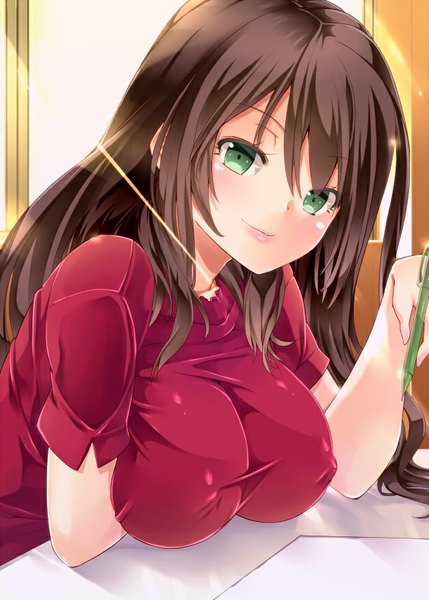 Anime picture 627x877 with original amasora taichi single long hair tall image looking at viewer blush fringe breasts light erotic smile brown hair large breasts sitting green eyes sunlight erect nipples covered nipples close-up girl