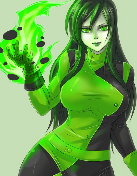 Anime picture 800x1029 with kim possible shego (kim possible) exaxuxer single long hair tall image looking at viewer black hair simple background green eyes magic girl gloves bodysuit
