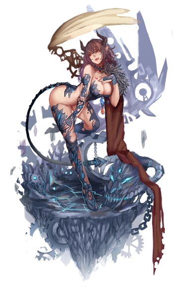 Anime picture 723x1200 with original xiaoshou xiansheng single long hair tall image fringe breasts open mouth light erotic red eyes brown hair large breasts standing bare shoulders tail horn (horns) tattoo high heels leaning leaning forward